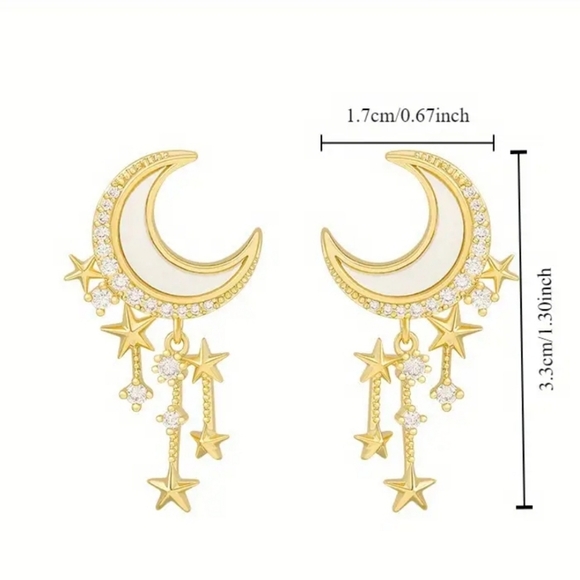 Gold Plated Pearlessent Crescent moon star drop earrings with silver post - Picture 7 of 16